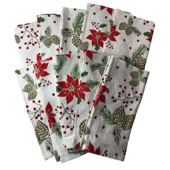 Urban Villa Christmas Cloth Napkins Set of 10 Poinsettia Pinecone Cotton Holiday - Picture 1 of 7
